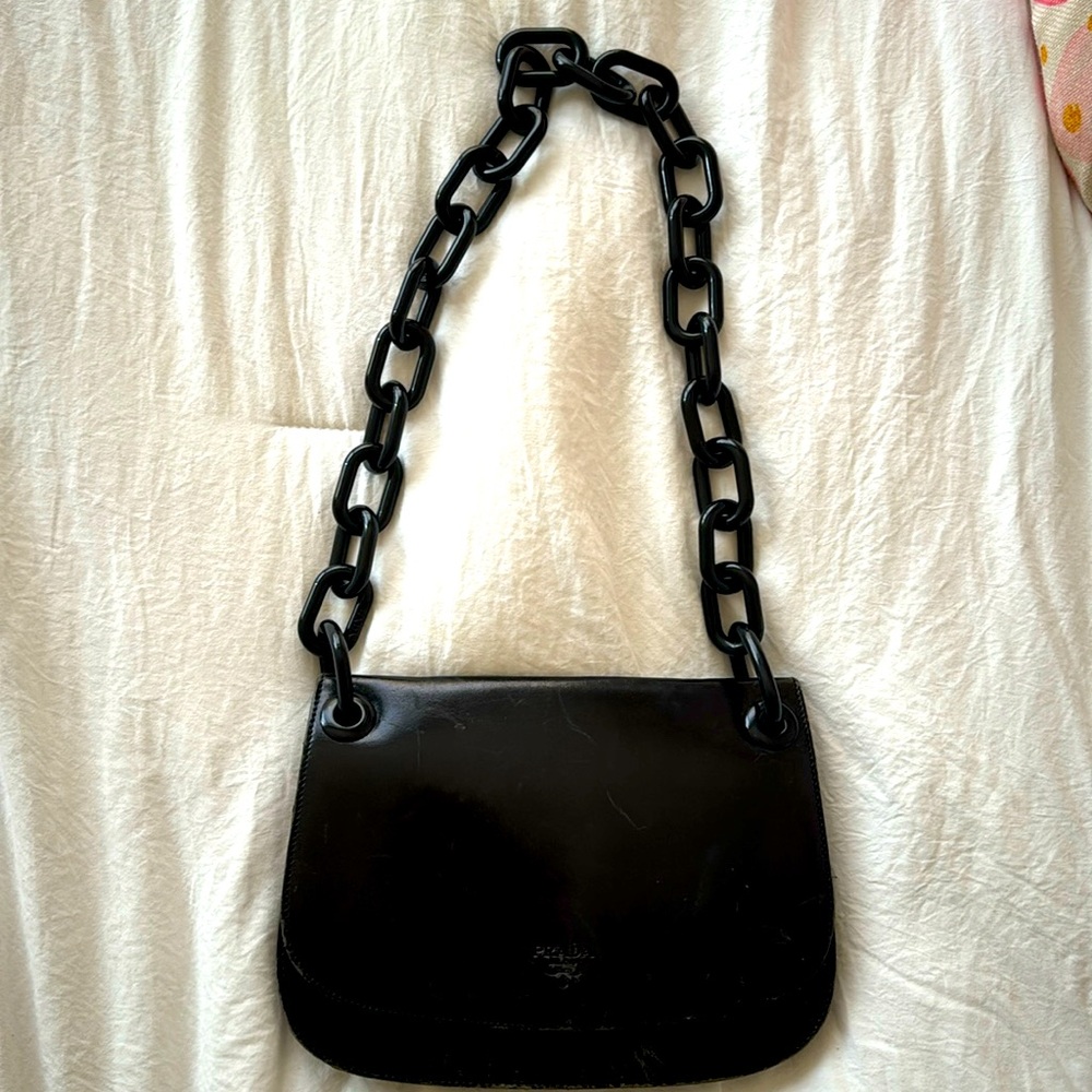 PRADA Plastic Chain Accessory Pouch Handbag Shoulder Bag Leather Black